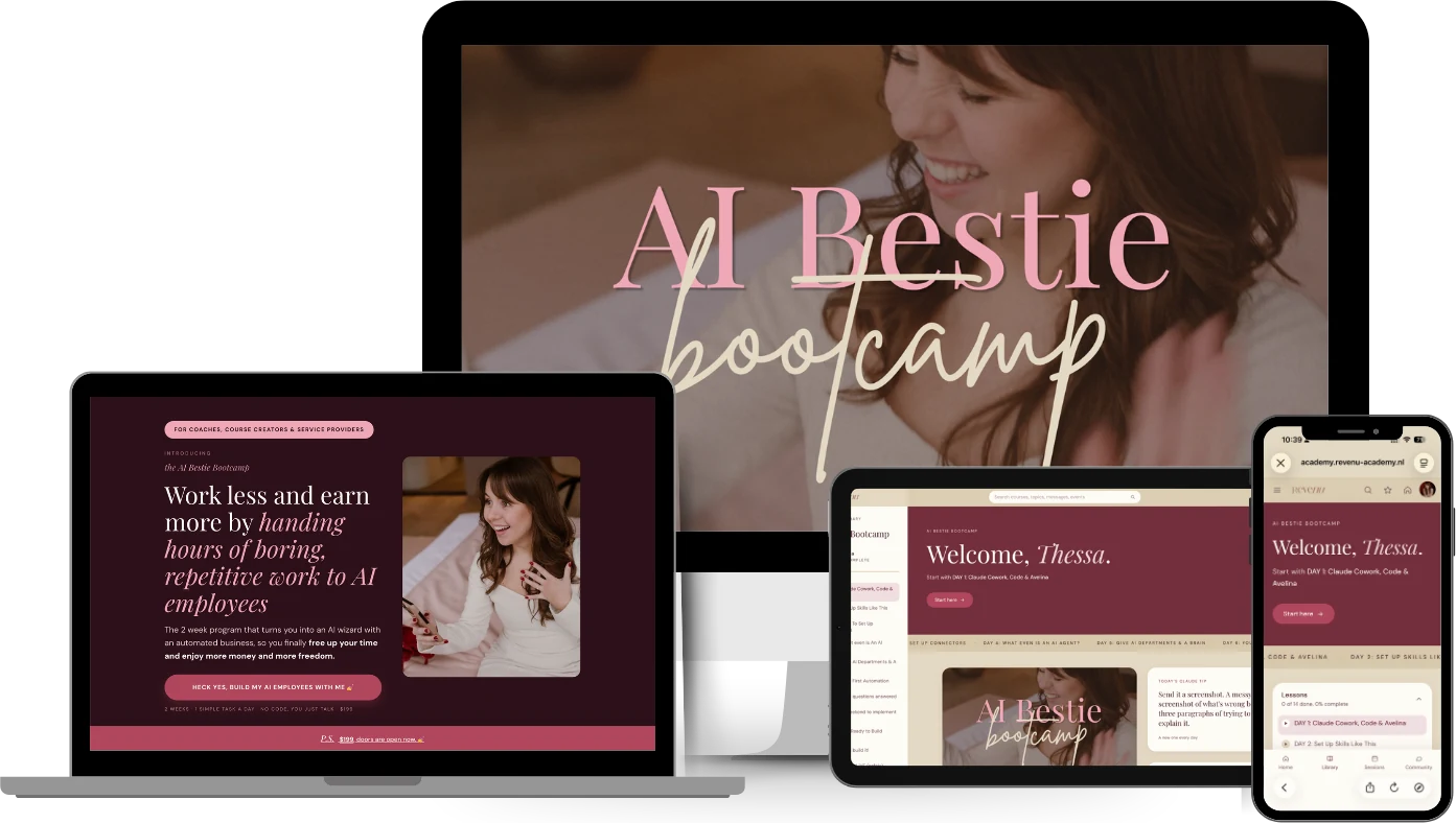 The AI Bestie Bootcamp on a laptop, a tablet, a phone and a big screen