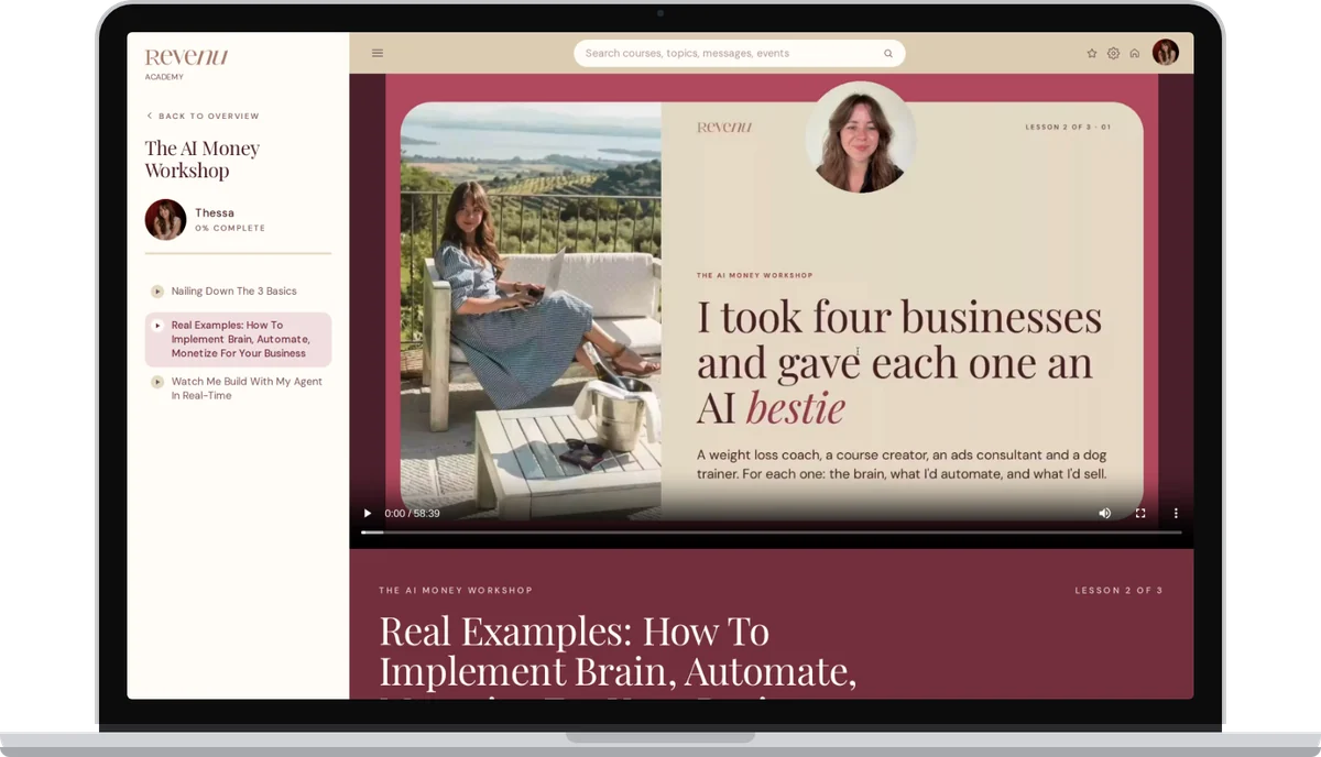 Lesson 2 of the AI Money Workshop, four businesses with an AI bestie, on a MacBook