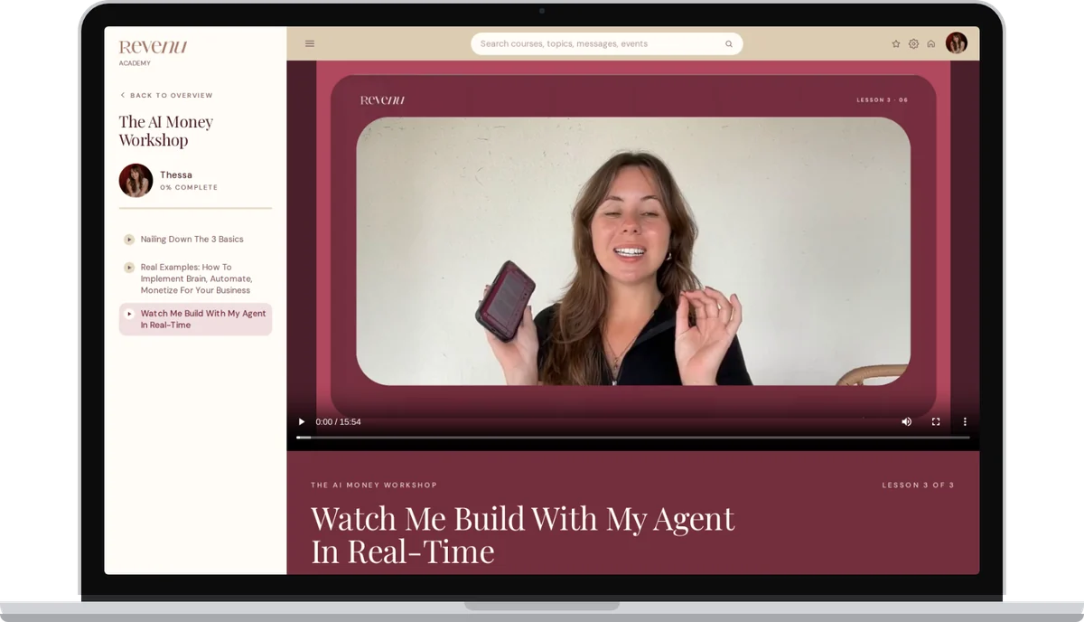 Lesson 3 of the AI Money Workshop, Thessa building live with her agent, on a MacBook